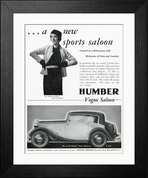 Framed Print : Humber saloon advert - Molyneux - Gertrude Lawrence Framed Print : Humber saloon advert - Molyneux - Gertrude Lawrence
