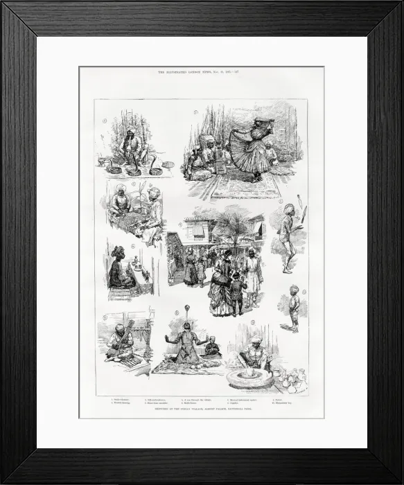 Framed Print : Sketches at the Albert Palace, Battersea showing the Indian village with various traditional arts Framed Print : Sketches at the Albert Palace, Battersea showing the Indian village with various traditional arts