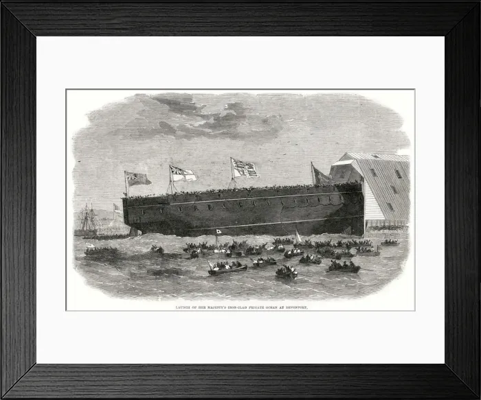 Framed Print : Launch of Her Majestys Ironclad Frigate at Devonport Date: 1863 Framed Print : Launch of Her Majestys Ironclad Frigate at Devonport Date: 1863