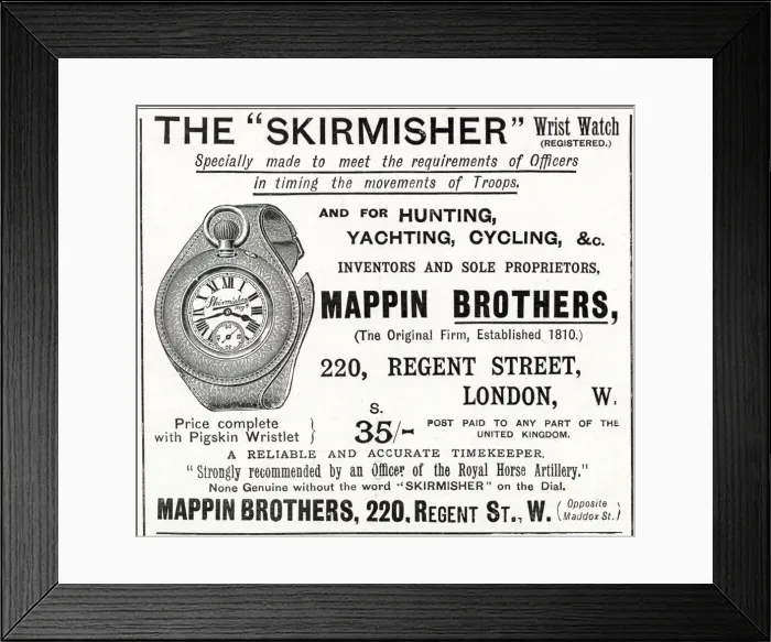 Framed Print : Mappin Brothers Skirmisher wrist watch advertisement