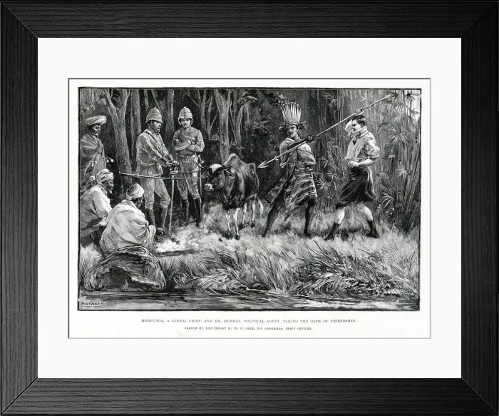 Framed Print : Mompunga, a Lushai chief, and Mr. Murray, political agent, taking the oath of friendship Framed Print : Mompunga, a Lushai chief, and Mr. Murray, political agent, taking the oath of friendship