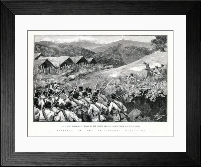 Framed Print : Sketches of the Chin-Lushai expedition. Capture of Lalshimas village by the Cachar Framed Print : Sketches of the Chin-Lushai expedition. Capture of Lalshimas village by the Cachar