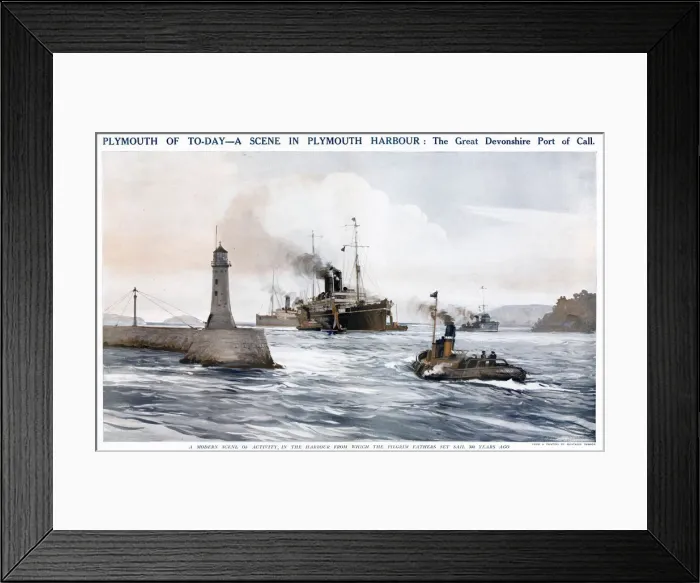 Framed Print : Plymouth Harbour, Devon, with ships and lighthouse Framed Print : Plymouth Harbour, Devon, with ships and lighthouse