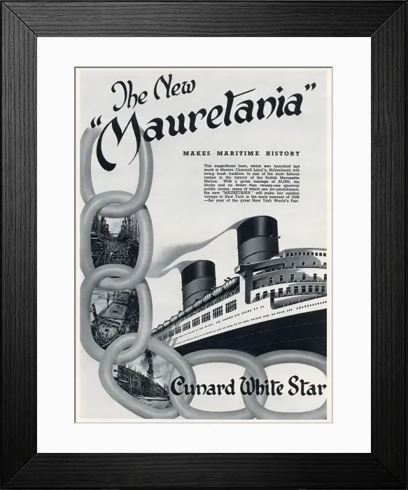 Framed Print : Advertisement for RMS Mauretania, the newly formed Cunard-White Star company, ocean liner. Date: 1938
