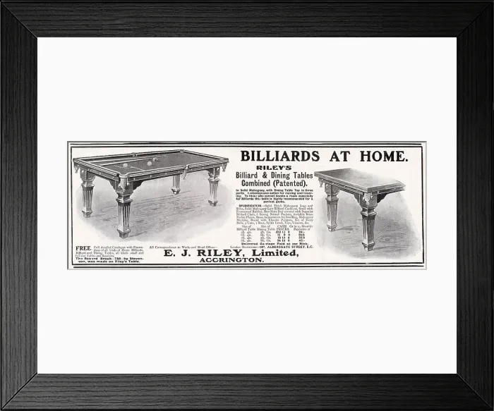 Framed Print : Riley's Billiard Tables, available in different sizes for private homes in mahogany wood. Date: 1904 Framed Print : Riley's Billiard Tables, available in different sizes for private homes in mahogany wood. Date: 1904