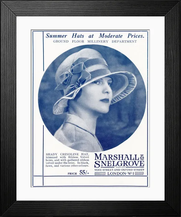 Framed Print : Shady crinoline hat, trimmed with ribbon velvet bows and gathered ribbon velvet under brim. Date: 1927 Framed Print : Shady crinoline hat, trimmed with ribbon velvet bows and gathered ribbon velvet under brim. Date: 1927