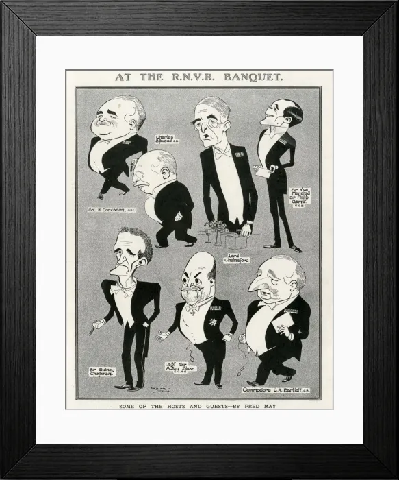 Framed Print : Personalities at the Royal Naval Volunteer Reserve banquet caricatured by Fred May Framed Print : Personalities at the Royal Naval Volunteer Reserve banquet caricatured by Fred May