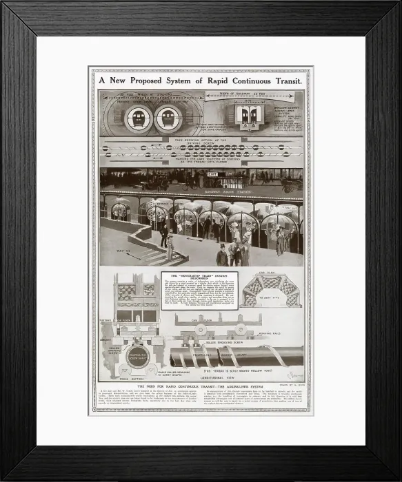 Framed Print : Diagram showing a proposed the never-stop train system described as electric cars mounted on tubular shaft along a continuous route in London. Date: 1911 Framed Print : Diagram showing a proposed the never-stop train system described as electric cars mounted on tubular shaft along a continuous route in London. Date: 1911