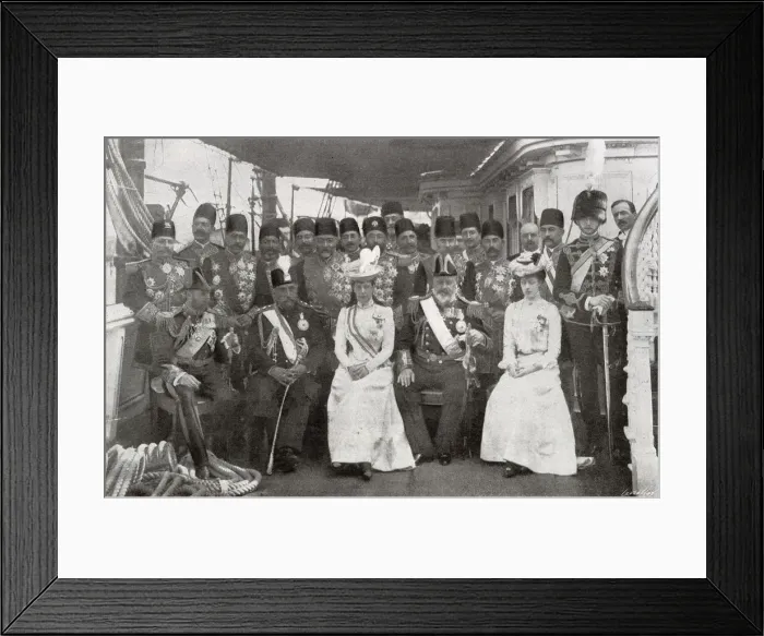 Framed Print : The visit of the Shah of Persia to Britain - meeting the Royal family at Portsmouth on 20 Framed Print : The visit of the Shah of Persia to Britain - meeting the Royal family at Portsmouth on 20