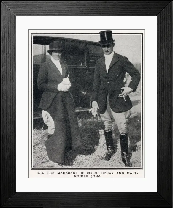 Framed Print : The Maharani of Cooch Behar pictured with Major Kunish Jung at a meet of the Belvoir Framed Print : The Maharani of Cooch Behar pictured with Major Kunish Jung at a meet of the Belvoir