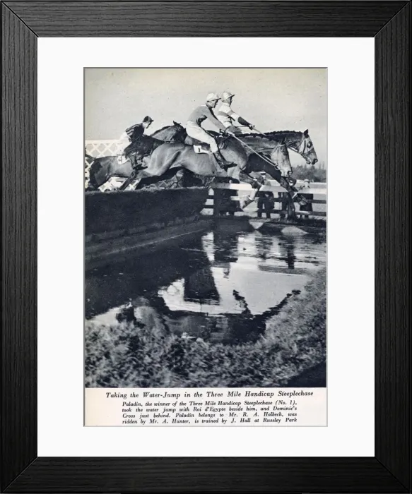 Framed Print : Mr. R. Holbechs Paladin shown taking the water jump in the Three Mile Steeplechase Framed Print : Mr. R. Holbechs Paladin shown taking the water jump in the Three Mile Steeplechase