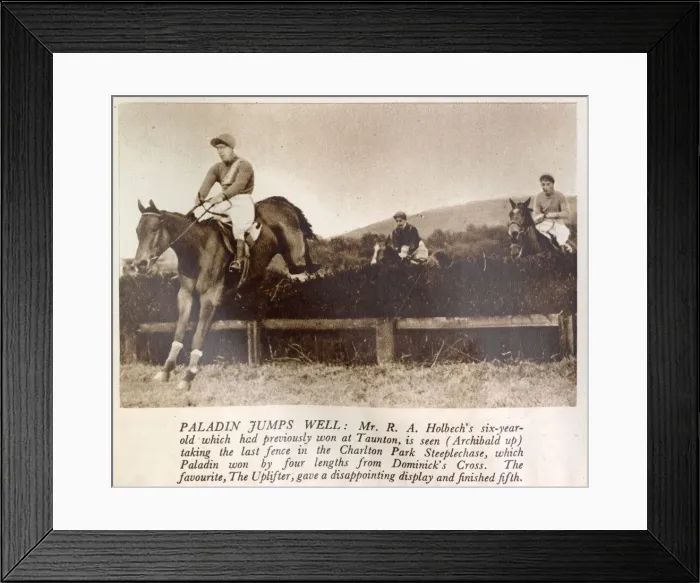 Framed Print : Paladin, belonging to Mr. R. Holbech, seen clearing the last fence in the Charlton Park
