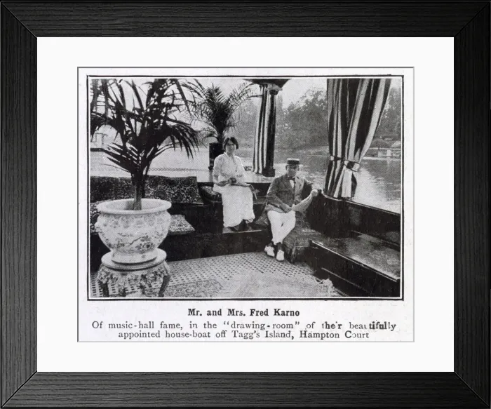 Framed Print : Fred Karno, music hall star, pictured in the well-appointed living room of his house-boat Framed Print : Fred Karno, music hall star, pictured in the well-appointed living room of his house-boat