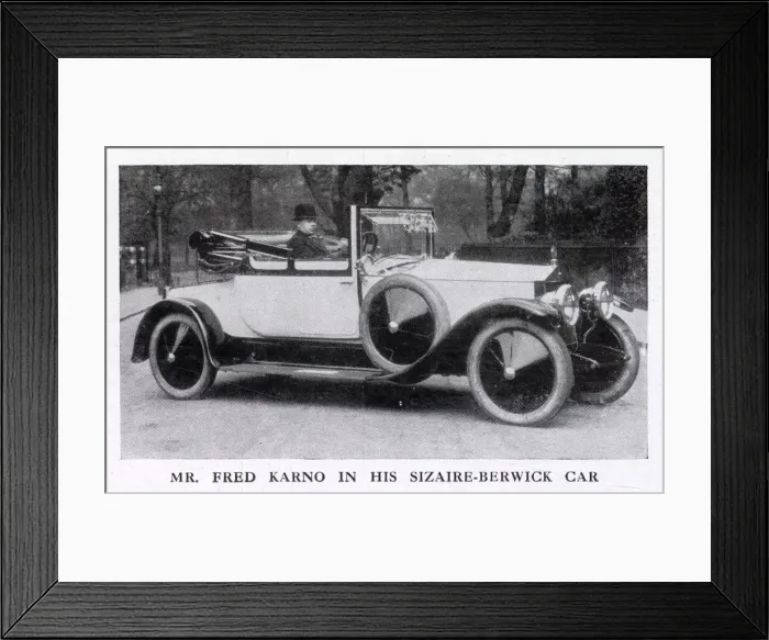 Framed Print : Music hall star Fred Karno pictured posing in his Sizaire-Berwick car. Date: 1915 Framed Print : Music hall star Fred Karno pictured posing in his Sizaire-Berwick car. Date: 1915