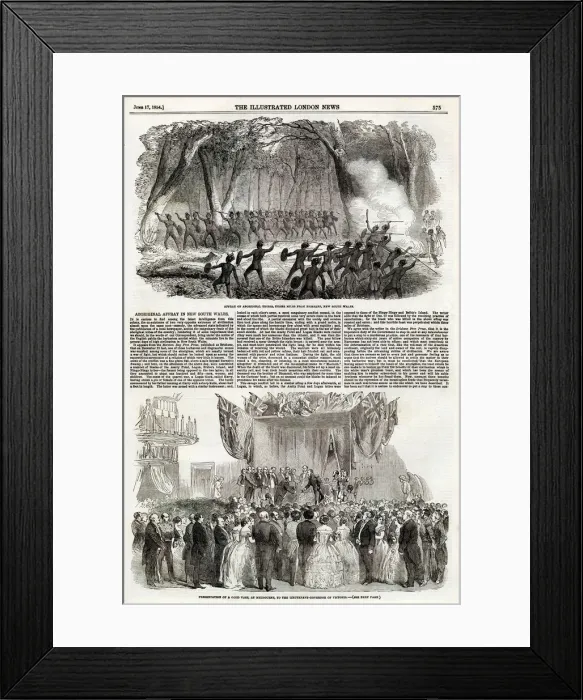 Framed Print : Affray of rival Aboriginal tribes, three miles from Brisbane in New South Wales Framed Print : Affray of rival Aboriginal tribes, three miles from Brisbane in New South Wales