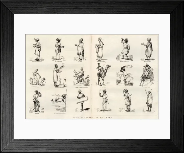 Framed Print : Two page spread from The Graphic depicting humorous types seen in India. Date: 1878 Framed Print : Two page spread from The Graphic depicting humorous types seen in India. Date: 1878