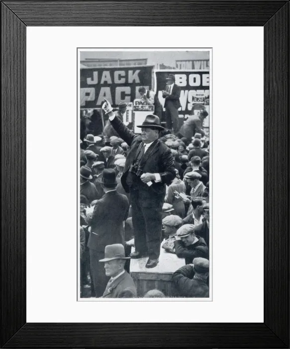 Framed Print : A tic-tac man at work on a soap box on Epsom Downs racecourse. Date: 1937 Framed Print : A tic-tac man at work on a soap box on Epsom Downs racecourse. Date: 1937