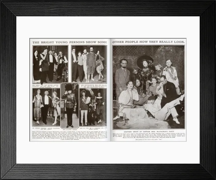 Framed Print : Double page spread from The Tatler, reporting on Captain Neil MacEacheans novel party Framed Print : Double page spread from The Tatler, reporting on Captain Neil MacEacheans novel party