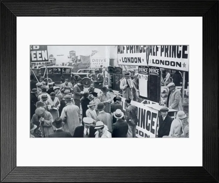 Framed Print : Alf Prince, bookmaker - stand at Epsom racecourse. Date: 1937 Framed Print : Alf Prince, bookmaker - stand at Epsom racecourse. Date: 1937