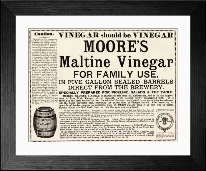 Framed Print : Advertisement for Moores Maltine Vinegar from the Midland Vinegar Company