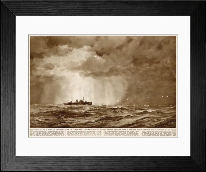 Framed Print : WW2 - Surfaced Enemy Submarine sees a Corvette on her track Framed Print : WW2 - Surfaced Enemy Submarine sees a Corvette on her track