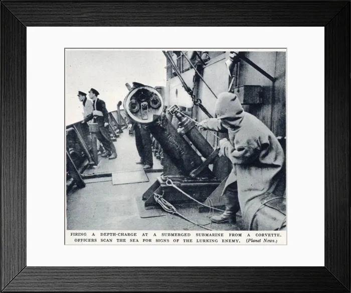 Framed Print : WW2 - Firing a depth charge at a u-boat from a corvette Framed Print : WW2 - Firing a depth charge at a u-boat from a corvette