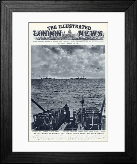 Framed Print : WW2 - Corvette Screening Merchantmen from Enemy attacks