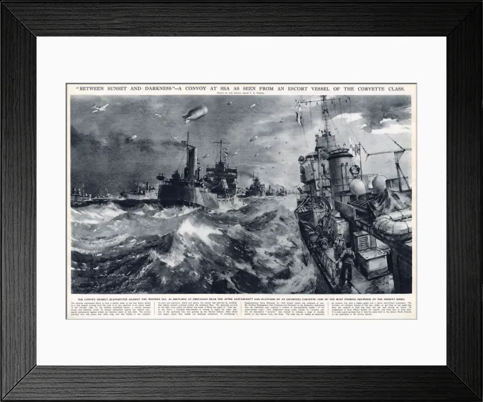 Framed Print : WW2 - Atlantic Convoy at sea as seen from an escort Corvette Framed Print : WW2 - Atlantic Convoy at sea as seen from an escort Corvette
