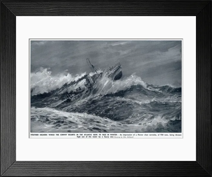 Framed Print : WW2 - Flower-Class Corvette in heavy seas - Atlantic Convoy Framed Print : WW2 - Flower-Class Corvette in heavy seas - Atlantic Convoy