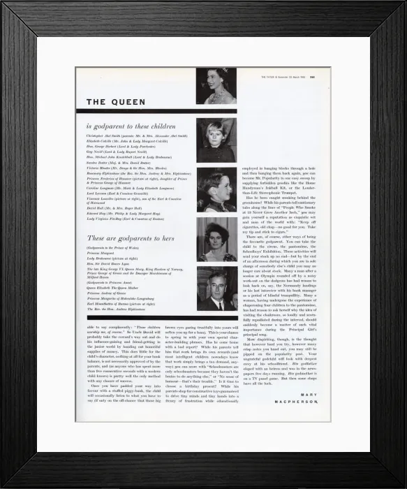 Framed Print : Page from The Tatler reporting on the godparents to the Queens children Framed Print : Page from The Tatler reporting on the godparents to the Queens children