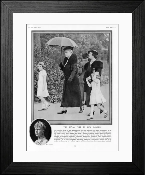 Framed Print : Her Majesty Queen Mary, accompanied by the Duchess of York (later Elizabeth Framed Print : Her Majesty Queen Mary, accompanied by the Duchess of York (later Elizabeth