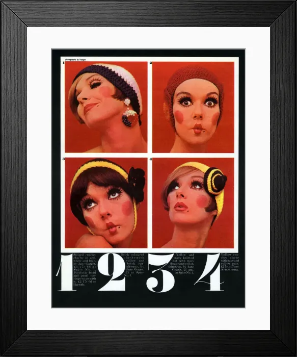 Framed Print : Four Cloche Hats. 1 - Striped crochet cloche in red, white Framed Print : Four Cloche Hats. 1 - Striped crochet cloche in red, white
