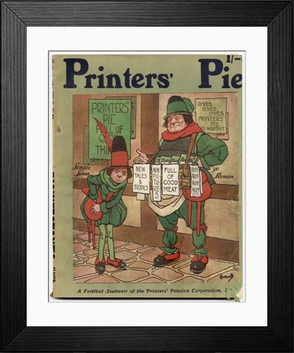 Framed Print : Front cover of Printers Pie magazine illustrated by John Hassall showing Simple Simon Framed Print : Front cover of Printers Pie magazine illustrated by John Hassall showing Simple Simon