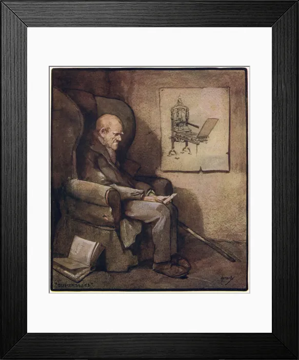 Framed Print : An old printer sits in an armchair contemplating the fact that modernisation has made him Framed Print : An old printer sits in an armchair contemplating the fact that modernisation has made him
