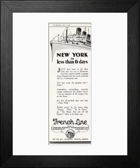 Framed Print : New York in less than 6 days. French Line advert. Date: 1928