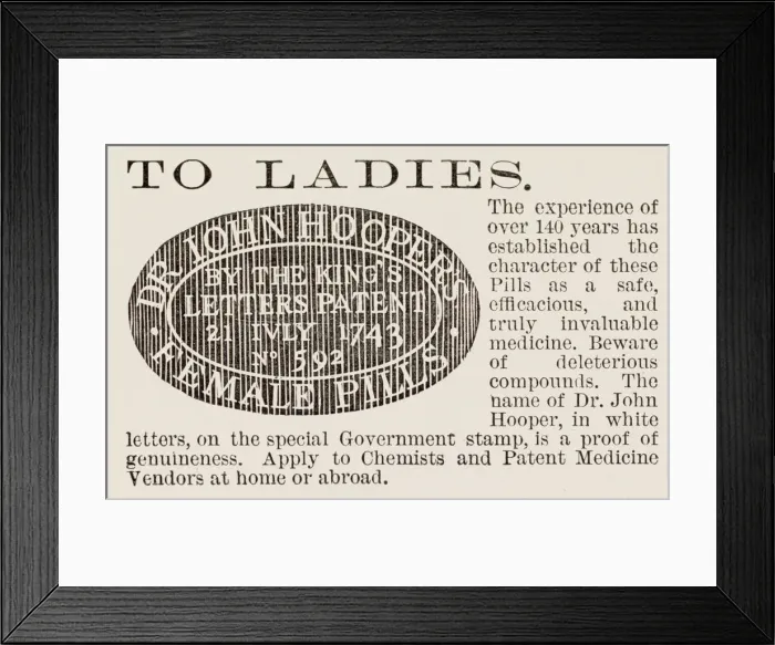Framed Print : To Ladies. Advert for Dr John Hoopers Female Pills. Date: 1886