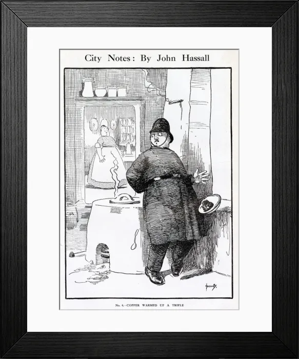 Framed Print : A bobby on the beat, who has stopped to enjoy a bit of pie from a friendly cook in one Framed Print : A bobby on the beat, who has stopped to enjoy a bit of pie from a friendly cook in one