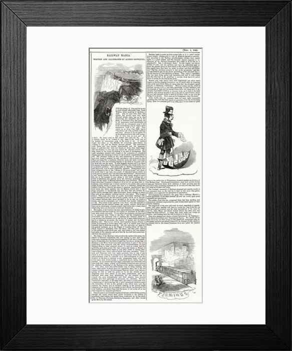 Framed Print : Railway Mania - illustration by Alfred Crowquill - a steam train running out of track as Framed Print : Railway Mania - illustration by Alfred Crowquill - a steam train running out of track as
