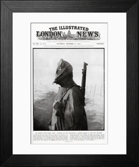 Framed Print : A British soldier wearing a new gas mask on the front cover of The Illustrated London Framed Print : A British soldier wearing a new gas mask on the front cover of The Illustrated London