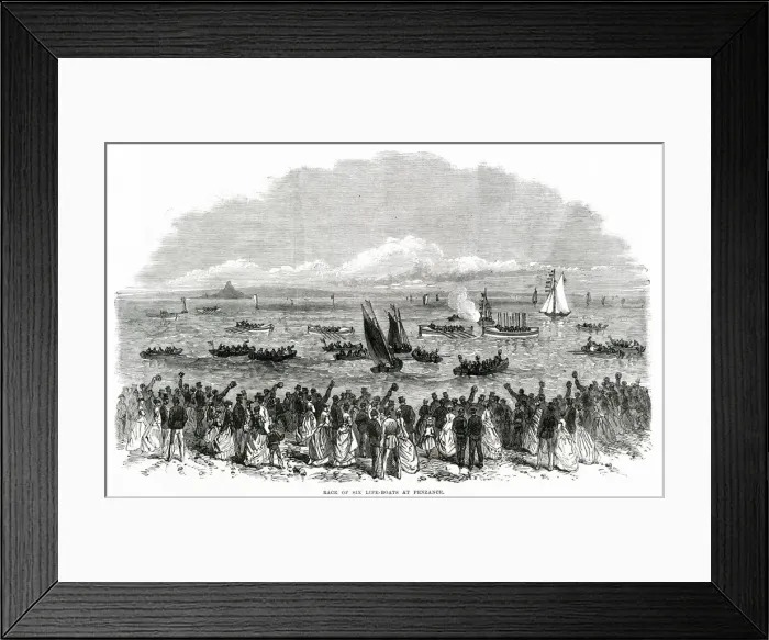 Framed Print : A race of six lifeboats at Mounts Bay, Penzance, Cornwall. Date: 1867 Framed Print : A race of six lifeboats at Mounts Bay, Penzance, Cornwall. Date: 1867