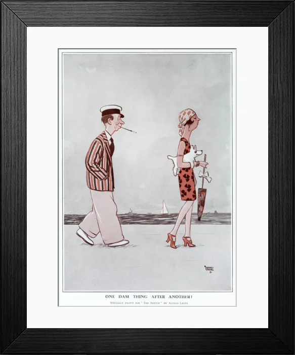 Framed Print : Cartoon by Alfred Leete showing a fashionable 1920s couple walking along a beach