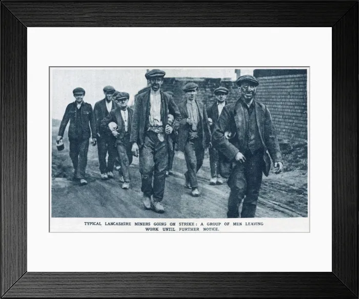 Framed Print : Typical Lancashire miners going on strike: A group of men leaving work until further Framed Print : Typical Lancashire miners going on strike: A group of men leaving work until further