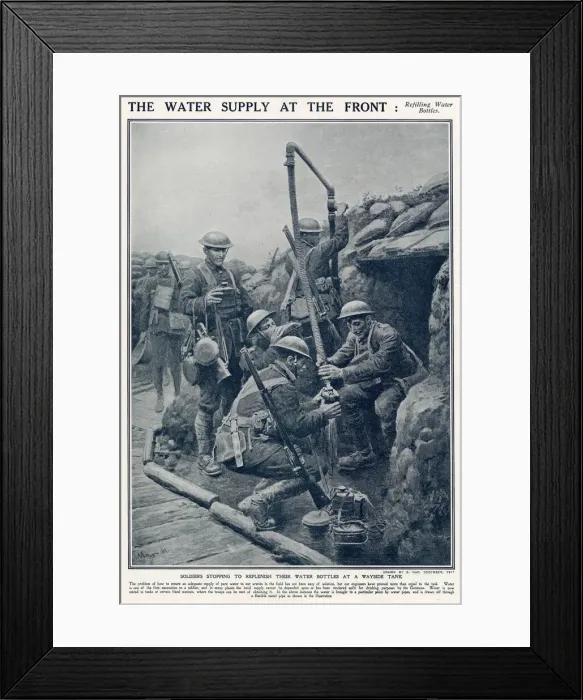Framed Print : Soldiers stopping to replenish their water bottles, this could be filled at certain fixed