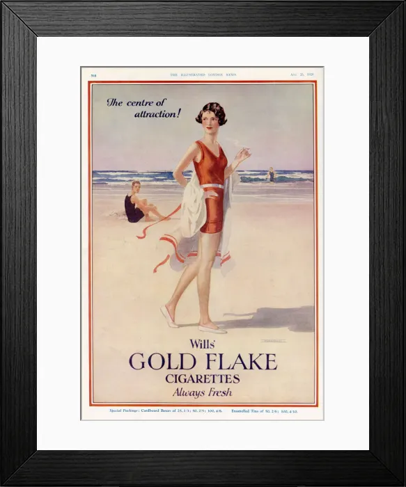Framed Print : Advert for Wills Gold Flake cigarettes, featuring a glamorous young woman smoking a