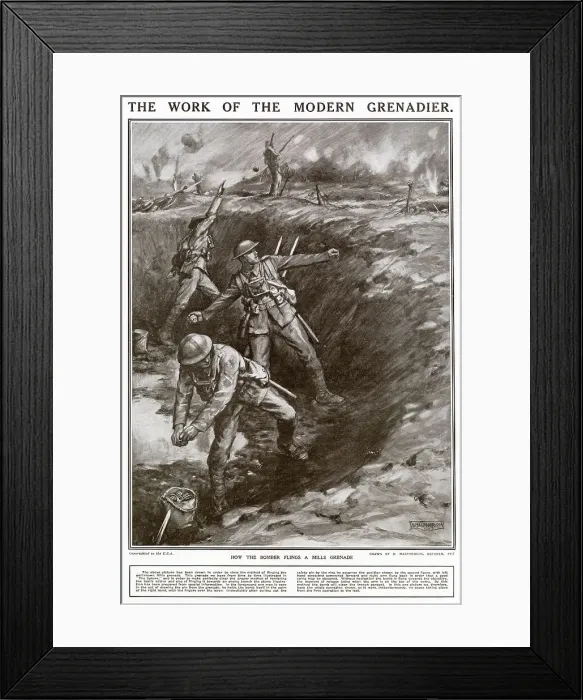 Framed Print : Throwing Mills Grenades in Trenches 1917 Framed Print : Throwing Mills Grenades in Trenches 1917