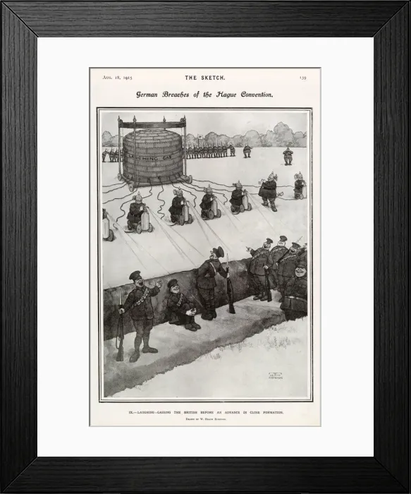 Framed Print : German breaches of the Hague Convention - laughing gassing the British before an advance Framed Print : German breaches of the Hague Convention - laughing gassing the British before an advance