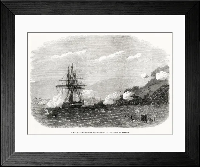 Framed Print : HMS Rinaldo bombarding Salangore in the Strait of Malacca. Date: 1871