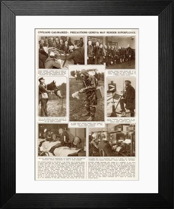 Framed Print : Russians wearing gas-masks in precaution of a chemical warfare attack Framed Print : Russians wearing gas-masks in precaution of a chemical warfare attack