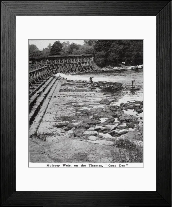 Framed Print : Molesey Weir, usually noted for its rush of water, shown completely dry during a period Framed Print : Molesey Weir, usually noted for its rush of water, shown completely dry during a period