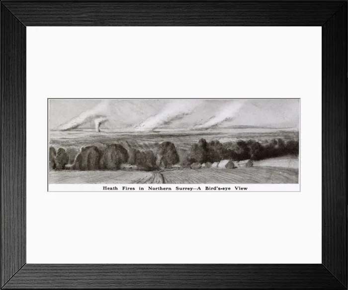 Framed Print : View on the North Downs towards Aldershot, showing fires on the heath during a prolonged Framed Print : View on the North Downs towards Aldershot, showing fires on the heath during a prolonged